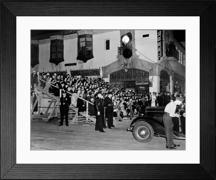 Framed Print : Grand stand built for Hollywood premiere of Lloyds of London'. It was built so movie fans could watch as their favorite stars arrived at the Carthay Circle Theatre. Nov