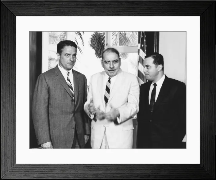 Framed Print : Gov. Luis Munoz Marin of Puerto Rico (center) discusses the Peace Corps with Sargent Shriver. July 11, 1961 Framed Print : Gov. Luis Munoz Marin of Puerto Rico (center) discusses the Peace Corps with Sargent Shriver. July 11, 1961