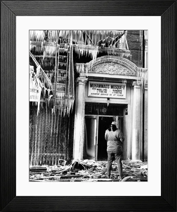 Framed Print : Burned out Nation of Islam Mosque No. 7 in Harlem. Twelve blocks away, the body of assassinated Black Nationalist leader Malcolm X lay in a coffin