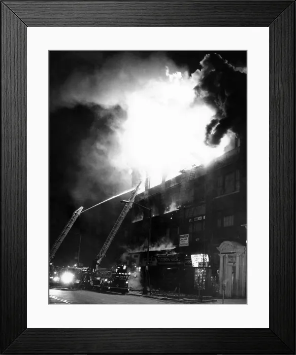 Framed Print : Two days after the slaying of Malcolm X, flames engulf the building housing a Nation of Islam Mosque No. 7 in Harlem. An explosion preceded the three-alarm fire suspicious fire Framed Print : Two days after the slaying of Malcolm X, flames engulf the building housing a Nation of Islam Mosque No. 7 in Harlem. An explosion preceded the three-alarm fire suspicious fire