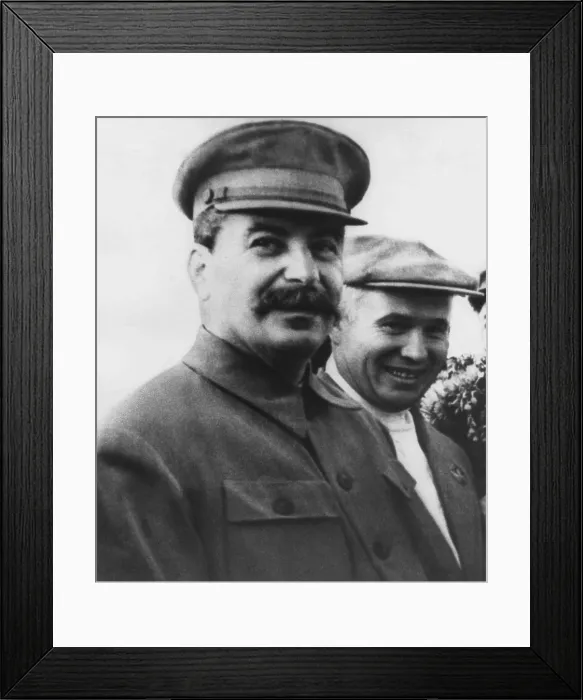 Framed Print : Soviet Russian leader Joseph Stalin in 1938. To right is Nikita Khrushchev, a Member of the Central Committee of the Communist Party and Party Leader in the Ukraine