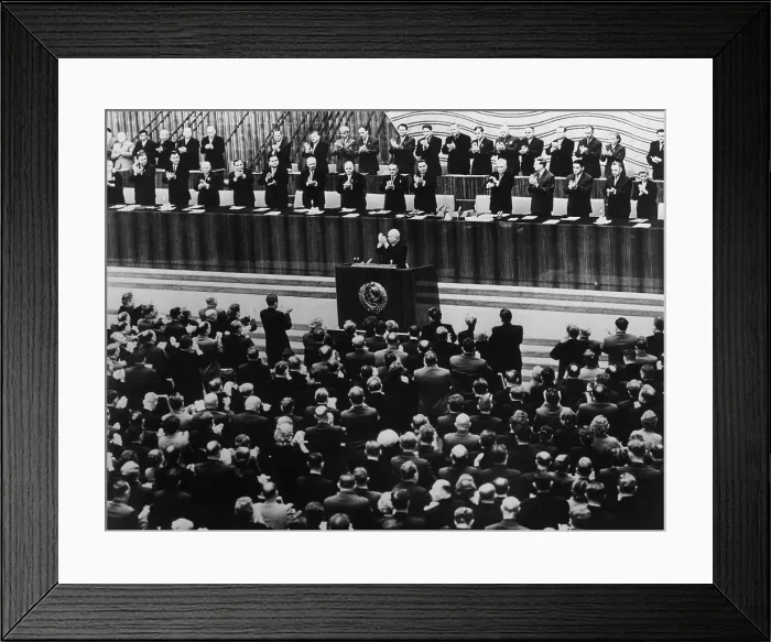 Framed Print : 22nd Communist Party Congress in Moscow, Oct. 17, 1961. Nikita Khrushchev leads the applause from rostrum at opening session