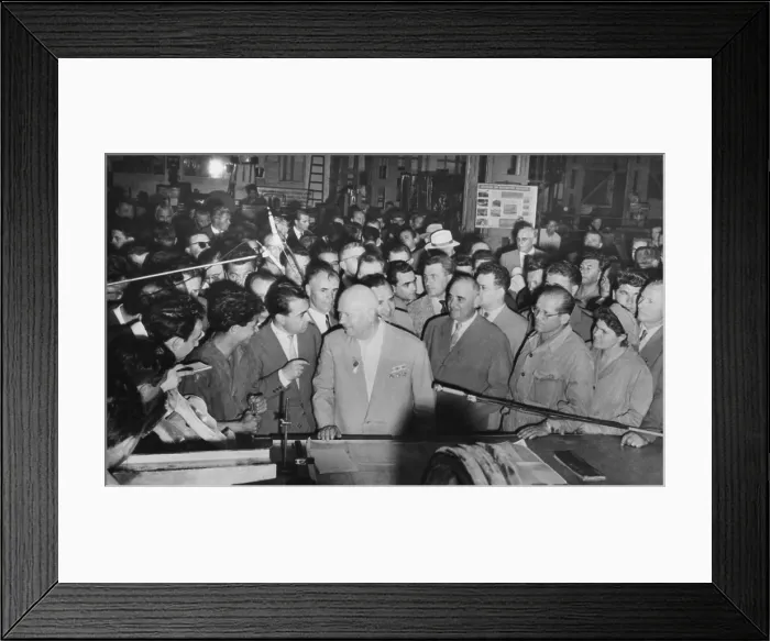 Framed Print : Soviet Premier Nikita Khrushchev (center) with workers in the Grivita Rosie railroad workshop. Bucharest, Romania, July 2, 1962. (CSU_2015_8_555)