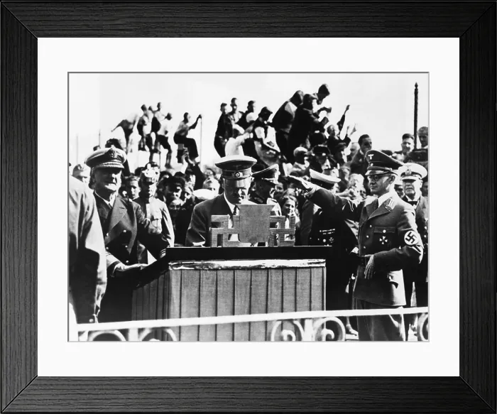 Framed Print : Hitler and Hungarian Regent Horthy at Heligoland Island in the North Sea, Sept. 1, 1938. Adolf Hitler signed the Golden Book of this island, as a Nazi official a saluted