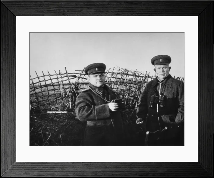 Framed Print : Nikita Khrushchev on the Kursk Front in the Soviet Union in 1943, after the victory at Stalingrad. With him in the front line photo, is Russian General N. F