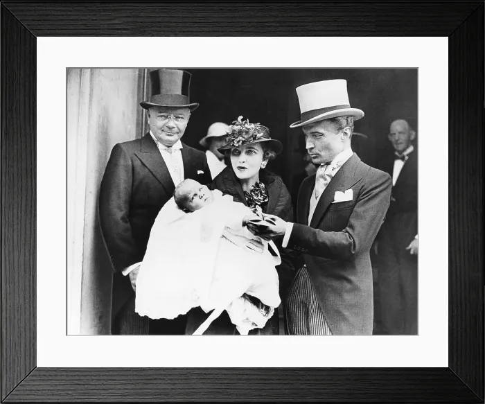 Framed Print : Barbara Hutton Haugwitz-Reventlow holds her son Lance after his christening in London. June 1936 Framed Print : Barbara Hutton Haugwitz-Reventlow holds her son Lance after his christening in London. June 1936