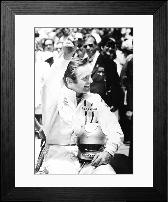 Framed Print : Peter Revson held up one finger to indicate he won the #1 pole position for Indianapolis 500. Revson placed second after Al Unser. (CSU_2015_9_910)
