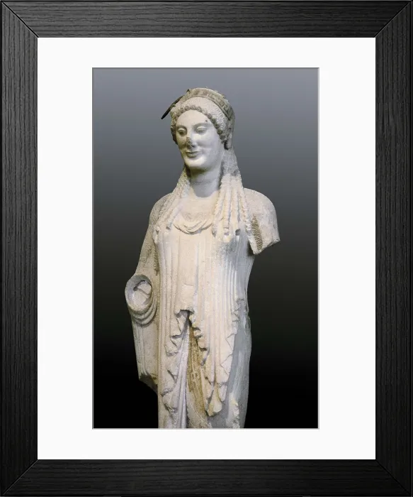 Framed Print : Kore with almond-shaped eyes. 500 BC. Archaic Greek art. Sculpture on marble. GREECE. Athens. Acropolis. Acropolis Museum. AISA / Everett Collection**US SALES ONLY**