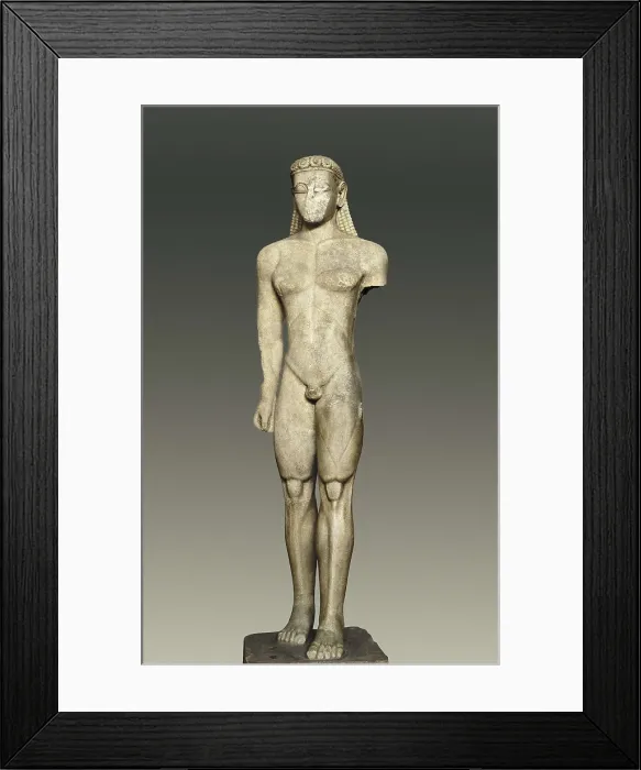 Framed Print : The Sounion kouros. ca. 600 BC. Votive statue. Archaic Greek art. Sculpture on marble. GREECE. Athens. National Museum of Archaeology. Proc: GREECE. Sunion. Temple of Poseidon
