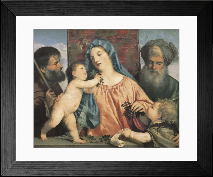 Framed Print : TTITIA, Tiziano Vecello, also called (1490-1576). Madonna of the Cherries. 1516 - 1518. Virgin and child with Joseph, St. Zacharias and St. John the Baptist. Renaissance art