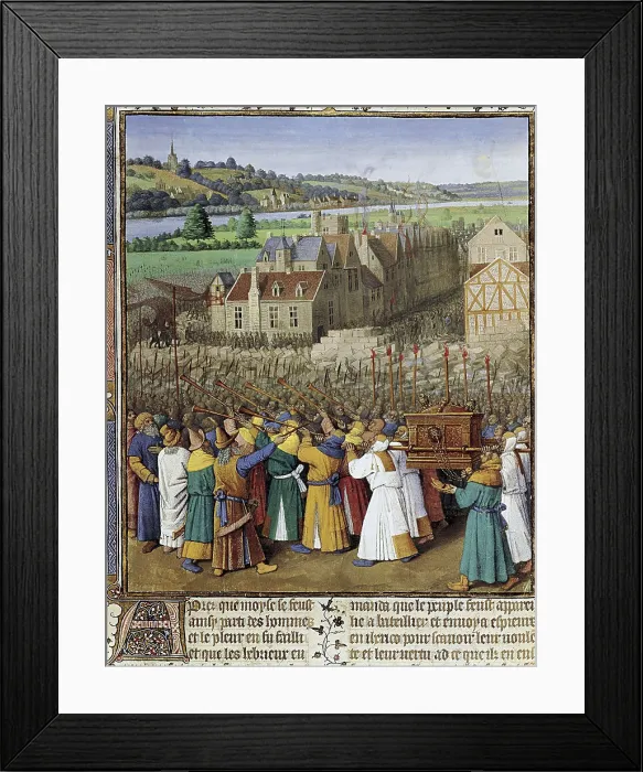 Framed Print : MAITRE DU BOCCACE DE MUNICH (2nd half 15 c.); Fouquet, Jean (1420-1481). Jewish Antiquities. ca. 1465. The Fall of Jericho. Renaissance art. Miniature Painting. FRANCE. Paris