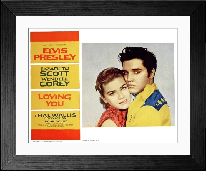 Framed Print : LOVING YOU, US lobbycard, from left: Dolores Hart, Elvis Presley, 1957