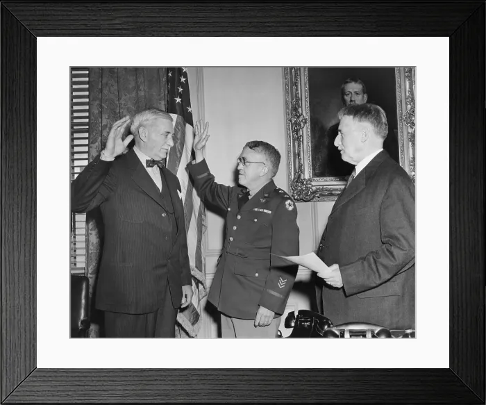 Framed Print : William S. Knudsen is sworn in as Lieut. General by Secretary of War, Henry L. Stimson. Jan. 29, 1942