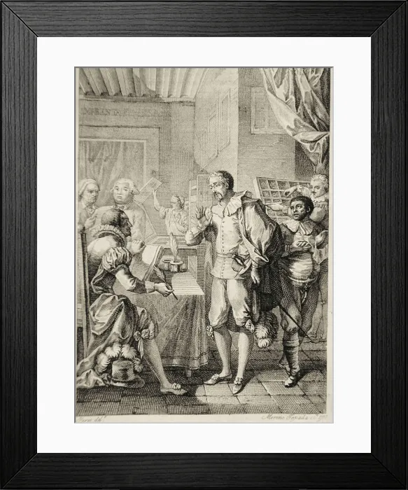 Framed Print : MORENO TEJADA, Juan (1739-1805). Cervantes at the printer's. 1797. Representation of Cervantes in the printer's, from a series of illustrations of Don Quixote. Engraving