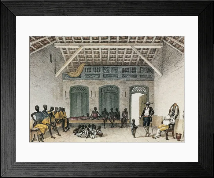 Framed Print : Brazil (19th c.). Slave market in Val Longo street. Illustration for the 'Voyaqe Pittoresque et Historique au Brasil' (1834-1839) by Jean Baptiste Debret. Litography Framed Print : Brazil (19th c.). Slave market in Val Longo street. Illustration for the 'Voyaqe Pittoresque et Historique au Brasil' (1834-1839) by Jean Baptiste Debret. Litography