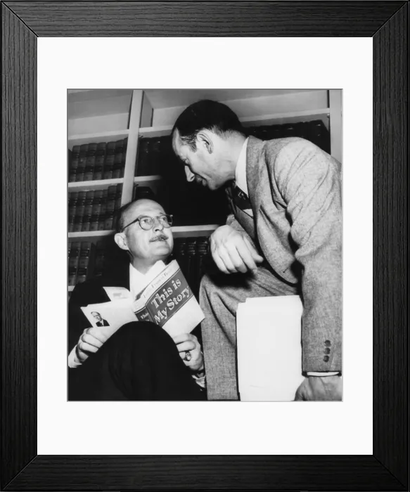 Framed Print : Owen Lattimore discusses the errors of his accuser, Lewis Budenz, in a press conference. April 21, 1950. With Lattimore is his attorney Abe Fortas Framed Print : Owen Lattimore discusses the errors of his accuser, Lewis Budenz, in a press conference. April 21, 1950. With Lattimore is his attorney Abe Fortas