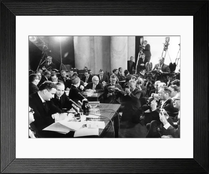 Framed Print : Former Senate aide Bobby Baker (2nd from left) before the Senate Rules Committee. Feb. 25, 1964. He was questioned about his complex business dealings Framed Print : Former Senate aide Bobby Baker (2nd from left) before the Senate Rules Committee. Feb. 25, 1964. He was questioned about his complex business dealings