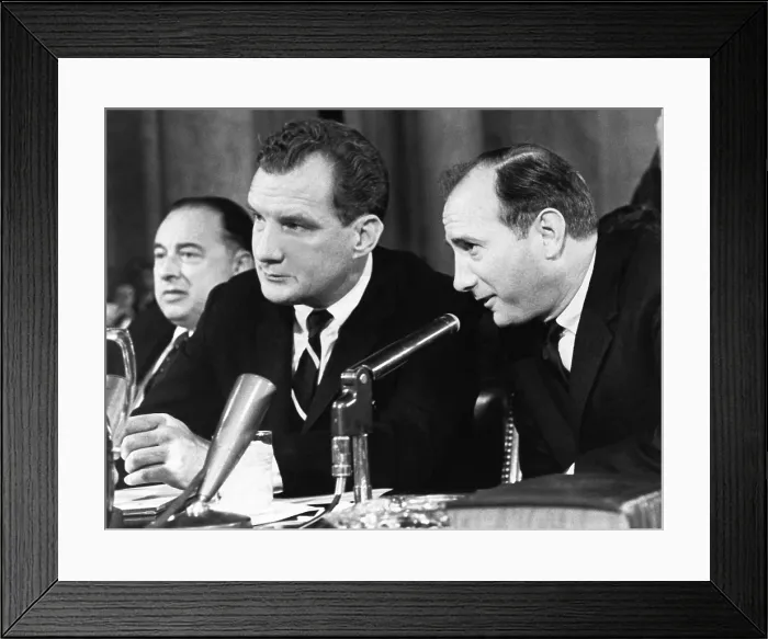Framed Print : Bobby Baker (right), close Lyndon Johnson advisor, with his attorney, Edward Bennett Williams. Baker was subpoenaed to testify to the Senate Rules Committee, Feb. 25, 1964