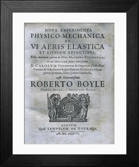 Framed Print : BOYLE, Robert (1627-1691). Frontispiece from 'Nova experimenta physico-mechanica de VI aeris elastica et eiusdem effectibus'. Edition executed in Geneva (1677). SPAIN