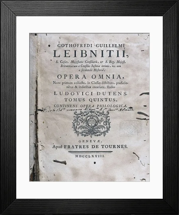 Framed Print : LEIBNIZ, Gottfried Wilhelm (1646-1716). Cover of the volume V of the Leibniz's 'Complete Works' (Geneve, 1768). SPAIN. Barcelona. Barcelona University Library