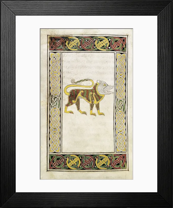 Framed Print : Book of Durrow. ca. 675. The Lion, symbol of Saint Mark. Anglo-Irish art. Miniature Painting. IRELAND. Dublin. Trinity College Library. AISA / Everett Collection**US SALES ONLY**