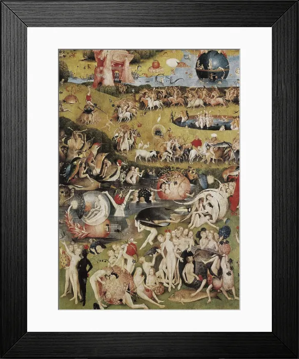 Framed Print : Bosch, Hieronymus Van Aeken, called (1450-1516). The Garden of Earthly Delights. Center Panel. 1503-1504. Left side of the central panel of the triptych Framed Print : Bosch, Hieronymus Van Aeken, called (1450-1516). The Garden of Earthly Delights. Center Panel. 1503-1504. Left side of the central panel of the triptych