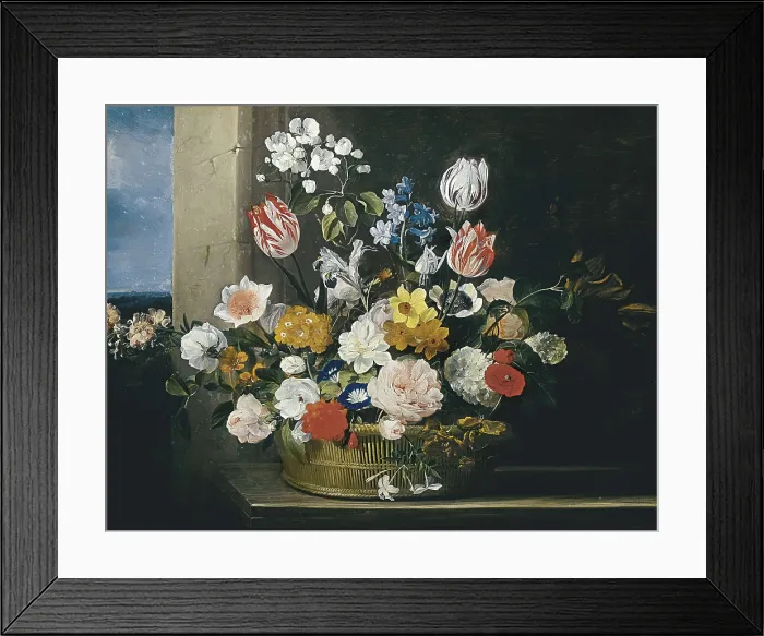 Framed Print : HECKE, Jan van den (1620-1684). Flowers in a Basket. 1650s - 1684. Flemish art. Oil on canvas. AUSTRIA. Vienna. Kunsthistorisches Museum Vienna (Museum of Art History)