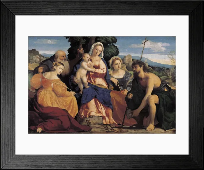 Framed Print : Palma, Jacopo (1480-1528). Madonna and child with saints (Madonna col Bambino e Santi ). 1520-1525. Left side: St. Catherine and St. Celestine. Right side: St