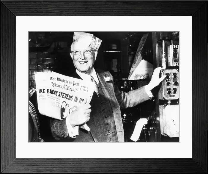 Framed Print : Eugene Meyer holds the first copy of the new Washington Post and Times Herald. March 17, 1954 Framed Print : Eugene Meyer holds the first copy of the new Washington Post and Times Herald. March 17, 1954