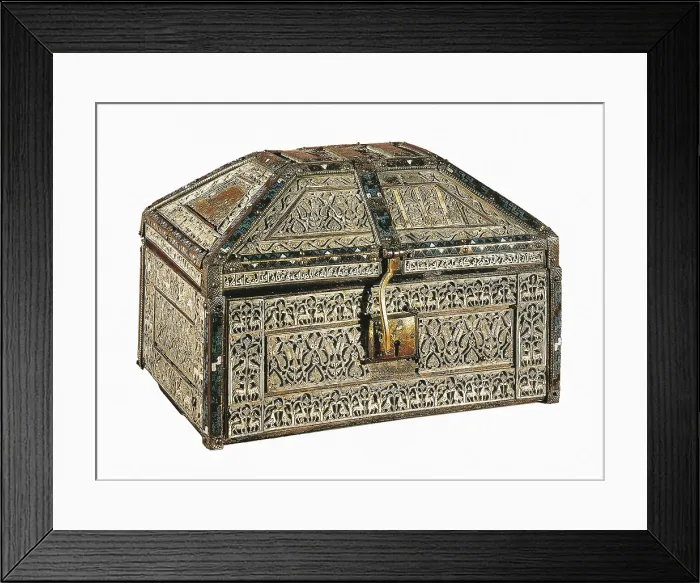 Framed Print : Small chest of Palencia. ca. 1050. Ivory, leather and gold piece. Hispano-Moresque art. Jewelry. SPAIN. Madrid. National Museum of Archaeology