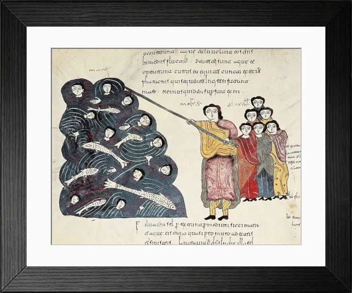 Framed Print : Mozarabic Bible. 10th c. Book of Exodus. Moses closes the pass of the Red Sea to the Egyptians. Mozarabic art. Miniature Painting. SPAIN. Len