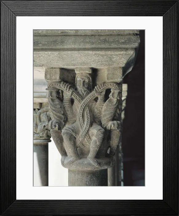 Framed Print : CADELL, Arnau (12th c.). Figured capital. 2nd half 12th c. SPAIN. Sant Cugat del Valls. Sant Cugat Monastery. Romanesque art. Relief on rock