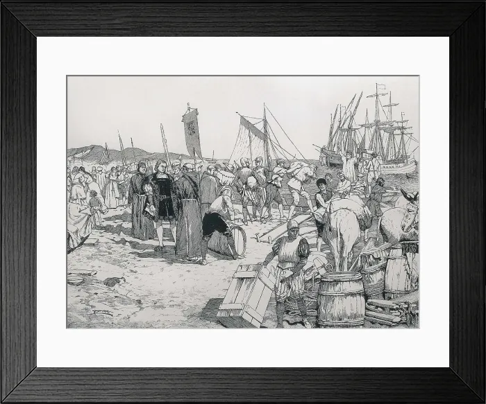 Framed Print : Christopher Columbus boarding in the harbour of Palos. Engraving. SPAIN. Zaragoza. Academia General Militar (General Military Academy). AISA / Everett Collection**US SALES ONLY** Framed Print : Christopher Columbus boarding in the harbour of Palos. Engraving. SPAIN. Zaragoza. Academia General Militar (General Military Academy). AISA / Everett Collection**US SALES ONLY**