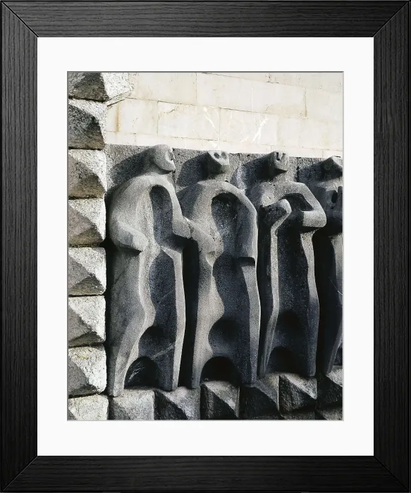 Framed Print : SPAIN. Arnzazu. Sanctuary of the Virgin of Arnzazu. Detail of the group of sculptures that decorates the facade, work by Jorge Oteiza in 1950. Relief