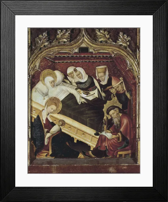 Framed Print : MARTORELL, Bernat ( -1452). Altarpiece of the Saints Johns. 1434 - 1435. Right upper detail depicting the Birth of Saint John the Baptist. International gothic. Tempera on wood