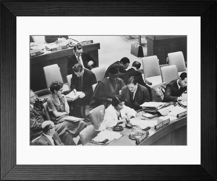 Framed Print : Marian Anderson, African American opera singer, as a delegate at the United Nations. She served on the UN Human Rights Committee. Ca. 1964. At desk in foreground, L-R: Mr Framed Print : Marian Anderson, African American opera singer, as a delegate at the United Nations. She served on the UN Human Rights Committee. Ca. 1964. At desk in foreground, L-R: Mr