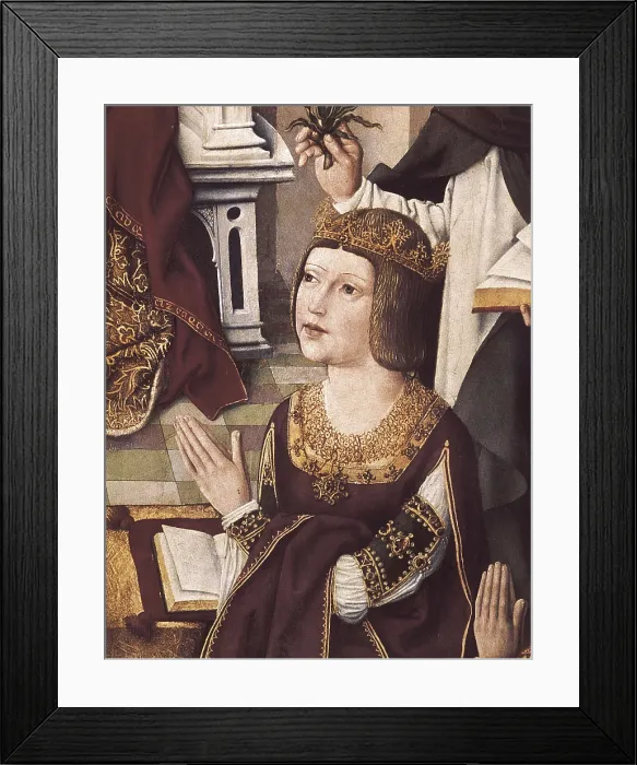Framed Print : The Virgin of the Catholic Monarchs. 1495-1497. Detail with the Queen Isabel the Catholic praying. Oil on wood. SPAIN. Madrid. Prado Museum