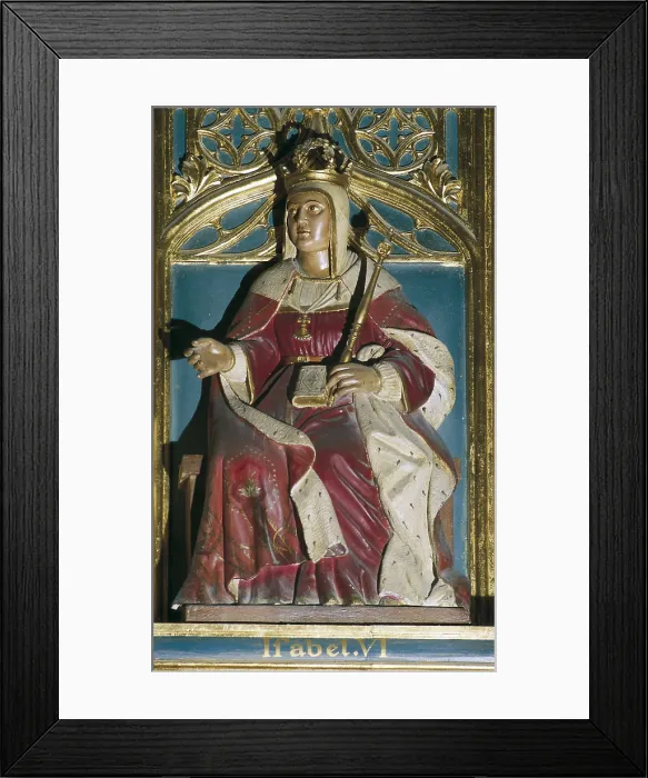 Framed Print : Isabella I the Catholic (1451-1504). Sculpture of Isabel the Catholic. Decoration of the Sala de Juntas with reprsentation of all the kings of Castile. Sculpture on wood. SPAIN