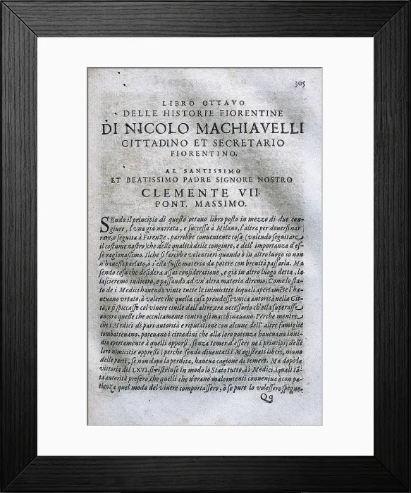 Framed Print : MACHIAVELLI, Niccol (1469-1527). Beginning of the eighth book of 'Florentine Histories' from a complete edition of his works (1550). Engraving. SPAIN. Barcelona