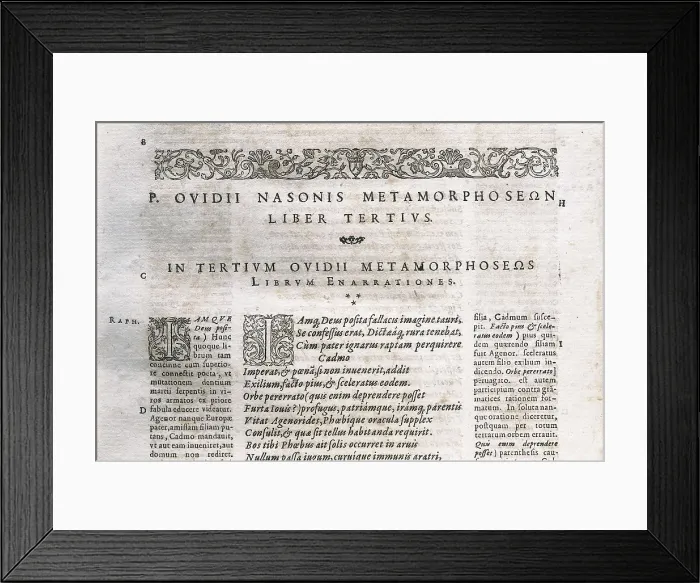 Framed Print : OVID, Publius Ovidius Naso (43 BC-18). 'The Metamorphoses'. Beginning of the Book III with the stoiry of Cadmus. Edition made in Frankfurt (1601)