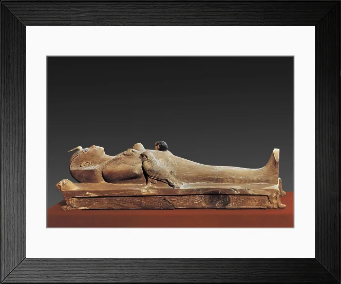 Framed Print : Image of the king on his funerary bed. 1370 -1352 BC. Tomb of Tutankhamun. Egyptian art. New Kingdom. Sculpture on wood. EGYPT. Cairo. Egyptian Museum. Proc: EGYPT. Dayr al-Bahri