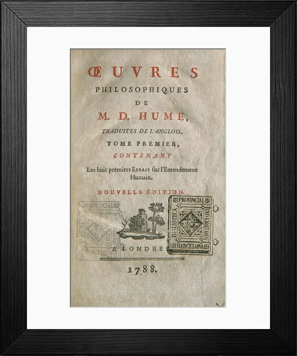 Framed Print : HUME, David (1711-1776). Title page of a French edition of his works, first volume, that contains the first eight essays on human understanding. Edition printed in London in 1788
