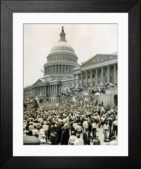 Framed Print : Bonus Army Veterans protest the adjournment of Congress before the Senate took action of the Bonus Bill. The House of Representatives passed the bill on June 15, 1932