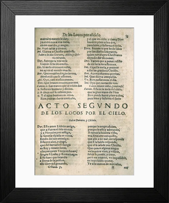Framed Print : VEGA CARPIO, Flix Lope de (1562-1635). 'Los locos por el cielo', comedy by Lope de Vega edited in Barcelona by Sebastin de Comellas (1617)