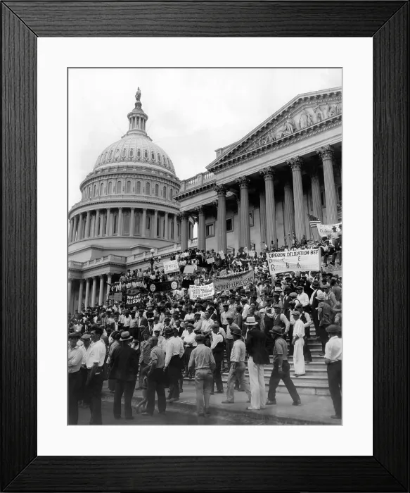 Framed Print : Bonus Army protests at the Capitol. Demand Congress Enact Relief Before Adjournment reads one sign of Bonus Army Veterans. July 2, 1932 Framed Print : Bonus Army protests at the Capitol. Demand Congress Enact Relief Before Adjournment reads one sign of Bonus Army Veterans. July 2, 1932