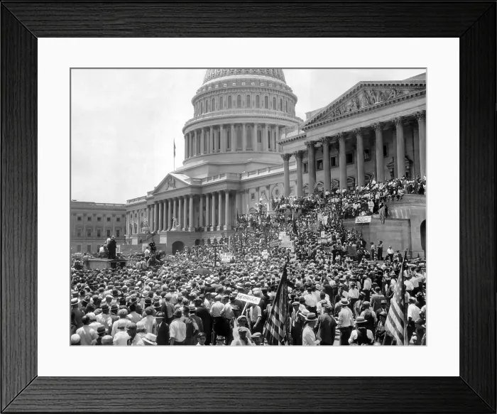 Framed Print : Bonus Army protesting on the steps of the Senate Wing of the Capitol. 10, 000 marched against the adjournment of Congress before the Senate voted on the Bonus Bill. July 5, 1932 Framed Print : Bonus Army protesting on the steps of the Senate Wing of the Capitol. 10, 000 marched against the adjournment of Congress before the Senate voted on the Bonus Bill. July 5, 1932
