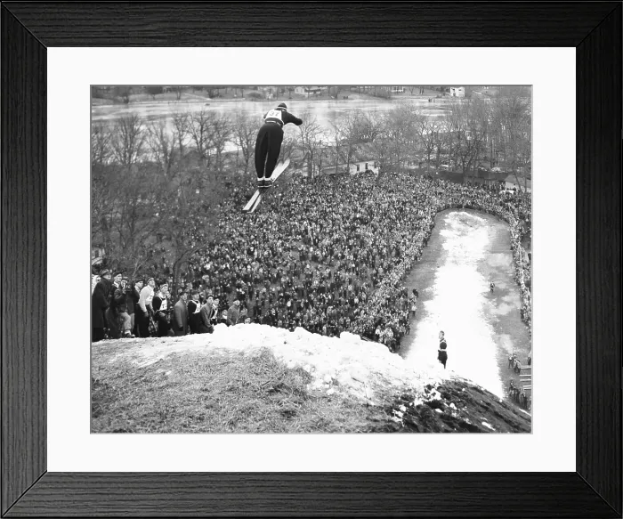 Framed Print : Petter Hugsted, 1948 Olympic ski jumping champion, takes off at Fox River Grove. Illinois, Jan. 16, 1949