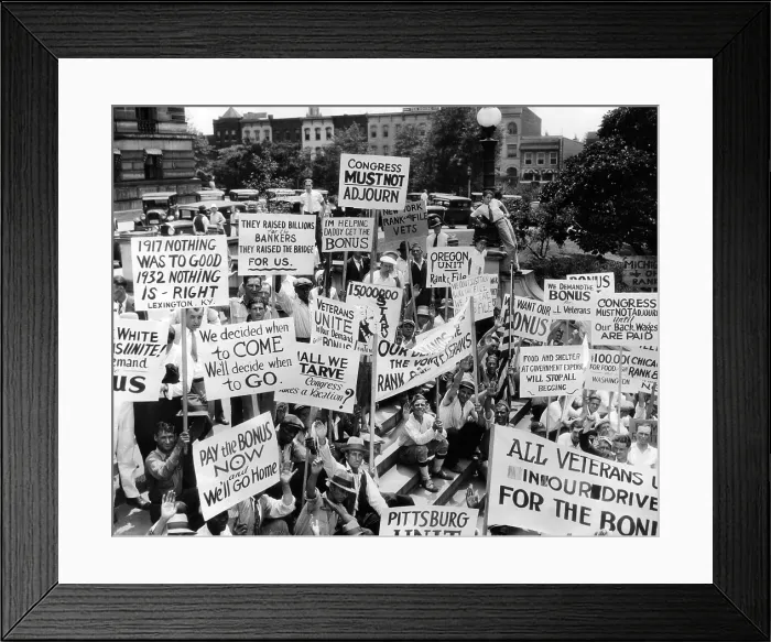 Framed Print : Bonus Army protest at the Library of Congress. Members of The Rank and File Group, a left wing group display a man y clear signs and banners. July 15, 1932