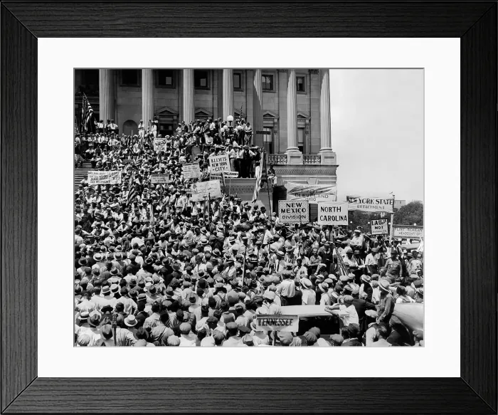 Framed Print : Bonus Army protesting on the steps of the Senate Wing of the Capitol. 10, 000 marched against the adjournment of Congress before the Senate voted on the Bonus Bill. July 5, 1932 Framed Print : Bonus Army protesting on the steps of the Senate Wing of the Capitol. 10, 000 marched against the adjournment of Congress before the Senate voted on the Bonus Bill. July 5, 1932