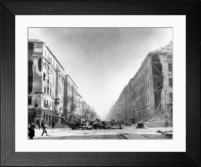 Framed Print : The 1956 Hungarian Uprising. A destroyed Russian tank and other vehicles in front of the Soviet Kilian Barracks at Francis Boulevard, Budapest. Oct. 23-Nov 4, 1956